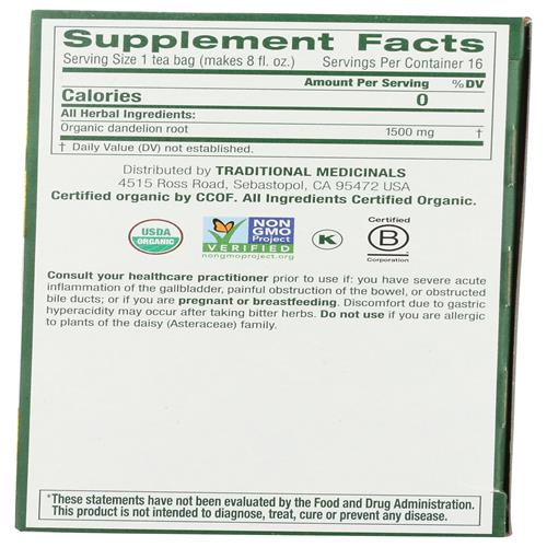 Traditional Medicinals, Té de raíz de diente de león tostado orgánico, 16 unidades